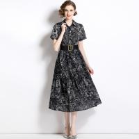 Gauze Waist-controlled & Slim & long style One-piece Dress slimming printed shivering black PC