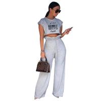 Polyester Women Casual Set & loose Long Trousers & short sleeve T-shirts printed letter Set
