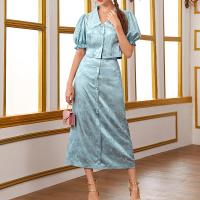 Polyester Two-Piece Dress Set slimming embroidered blue Set