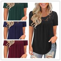 Polyester Women Short Sleeve T-Shirts & loose patchwork Solid PC