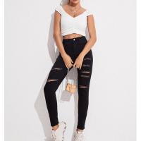 Cotton Ripped Women Jeans patchwork Solid black PC