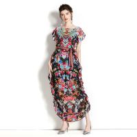 Tencel Waist-controlled & long style One-piece Dress & breathable printed floral black PC