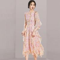 Gauze Waist-controlled & long style One-piece Dress & breathable printed shivering pink PC