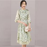 Gauze Waist-controlled & long style One-piece Dress & breathable printed shivering green PC