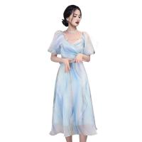Gauze Waist-controlled & long style One-piece Dress & breathable Solid blue PC
