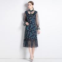 Gauze Waist-controlled & long style One-piece Dress double layer & breathable printed shivering PC