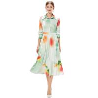 Chiffon Waist-controlled & long style One-piece Dress & breathable printed green PC
