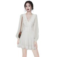 Gauze Waist-controlled & long style One-piece Dress & breathable Solid white PC