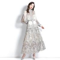 Gauze Waist-controlled & long style One-piece Dress & breathable printed floral white PC