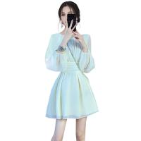 Gauze Waist-controlled One-piece Dress & breathable Solid blue PC