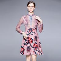 Gauze Waist-controlled One-piece Dress & breathable printed floral pink PC