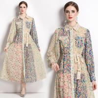Chiffon Waist-controlled One-piece Dress & breathable printed shivering Apricot PC