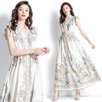 Gauze Waist-controlled & long style One-piece Dress & breathable printed floral Apricot PC