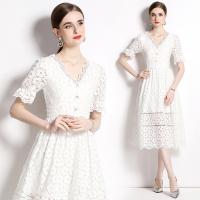Gauze Waist-controlled One-piece Dress & hollow & breathable patchwork floral white PC