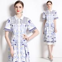 Gauze Waist-controlled & Soft One-piece Dress & breathable printed floral blue PC