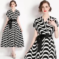 Gauze Waist-controlled & Soft One-piece Dress & breathable printed striped black PC