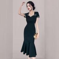 Polyester Slim One-piece Dress slimming & breathable & skinny style stretchable Solid black PC