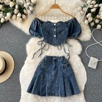 Mixed Fabric Waist-controlled Women Casual Set & two piece & breathable Solid blue PC