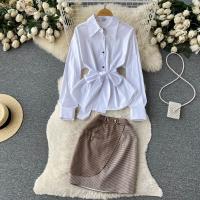 Mixed Fabric Waist-controlled Women Casual Set & two piece & breathable striped white PC