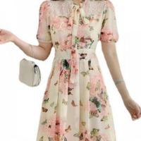 Chiffon Waist-controlled & long style One-piece Dress slimming printed floral PC