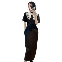 Gauze Slim One-piece Dress & breathable Solid black PC