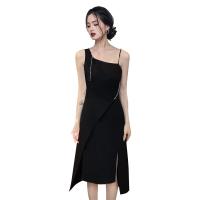 Gauze Slim One-piece Dress & breathable patchwork Solid black PC