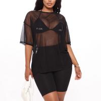 Polyester Women Casual Set & two piece short pants & short sleeve T-shirts patchwork Solid black Set