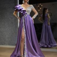 Polyester Long Evening Dress large hem design patchwork purple PC