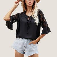 Polyester Women Short Sleeve T-Shirts & loose patchwork Solid black PC