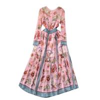 Polyester long style One-piece Dress & breathable printed floral pink PC