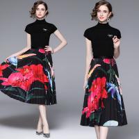 Gauze Waist-controlled & Soft & Slim One-piece Dress slimming & two piece printed floral black Set