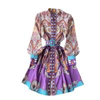 Polyester Soft One-piece Dress & breathable printed floral purple PC