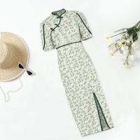 Chiffon Waist-controlled & Soft & Slim & Sheath One-piece Dress slimming & side slit printed shivering green PC
