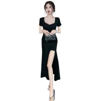 Gauze Waist-controlled & Soft & Slim & Sheath One-piece Dress slimming & side slit Solid PC