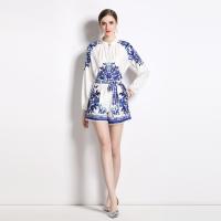 Gauze Waist-controlled & Soft Women Casual Set slimming & two piece printed floral blue Set