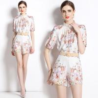Polyester Waist-controlled & Soft Women Casual Set see through look & slimming & two piece printed floral white Set