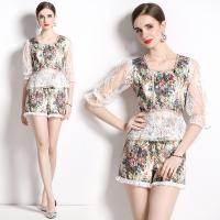 Polyester Waist-controlled & Soft Women Casual Set see through look & slimming & two piece printed shivering white Set