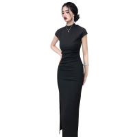Gauze Waist-controlled One-piece Dress slimming & side slit & breathable & skinny style stretchable Solid black PC