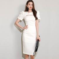 Gauze Waist-controlled One-piece Dress slimming & hollow & breathable stretchable Solid white PC