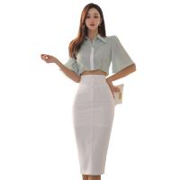 Polyester Waist-controlled & Crop Top One-piece Dress slimming & two piece & breathable stretchable Solid green Set