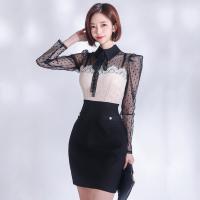 Gauze Waist-controlled One-piece Dress see through look & slimming & breathable stretchable Solid black PC