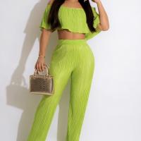 Polyester Women Casual Set midriff-baring Long Trousers & top Solid Set