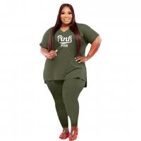 Polyester Plus Size Women Casual Set & two piece Long Trousers & short sleeve T-shirts printed letter Set