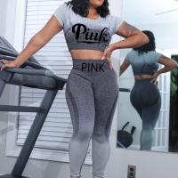 Polyester Women Sportswear Set & two piece & skinny Long Trousers & short sleeve T-shirts printed letter gray Set