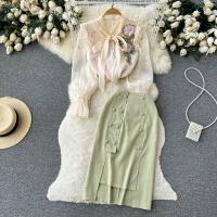 Mixed Fabric Waist-controlled Women Casual Set slimming & two piece & breathable Solid green PC