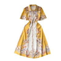 Mixed Fabric Waist-controlled & Slim & long style One-piece Dress slimming & breathable printed floral yellow PC