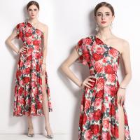 Mixed Fabric Waist-controlled & Slim & long style One-piece Dress slimming & side slit & breathable printed floral red PC