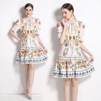 Gauze Waist-controlled & Slim One-piece Dress slimming & breathable printed floral white PC