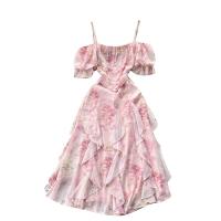 Chiffon Waist-controlled & long style One-piece Dress double layer printed floral pink PC