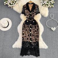 Mixed Fabric Slim One-piece Dress & hollow & breathable embroider floral black PC